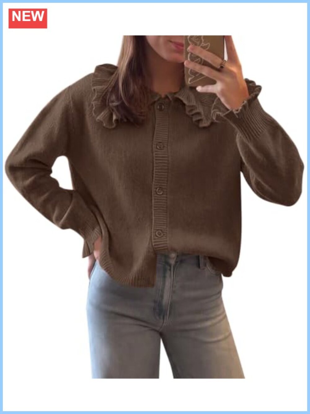 Ruffle Button Down Cropped Cardigan Sweater Long Sleeve Knit
